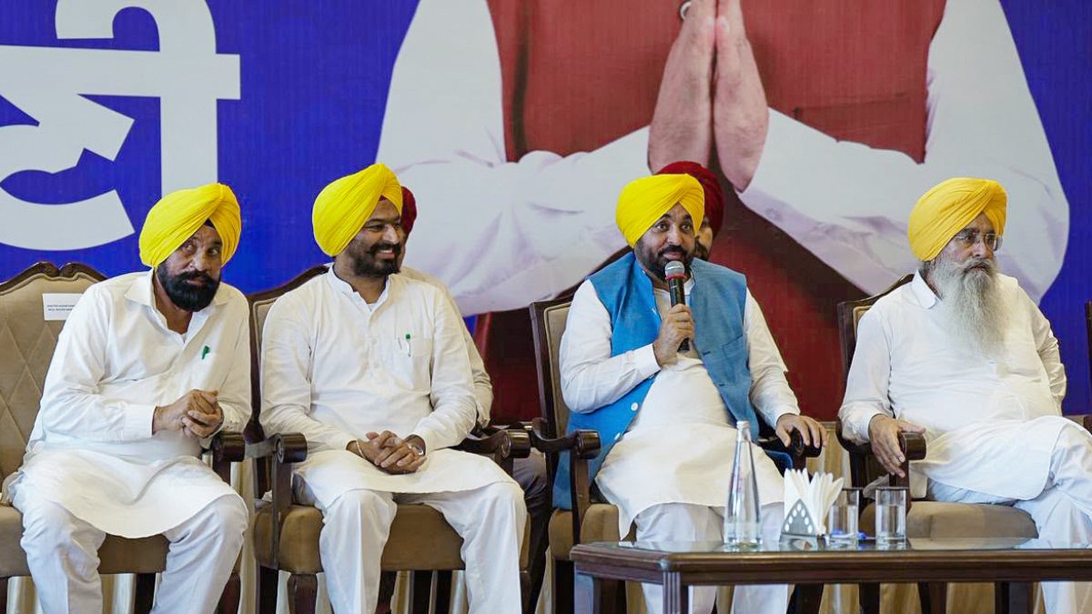 Punjab Chief Minister Bhagwant Mann speaks during a 'Sarpanch Milni' programme…