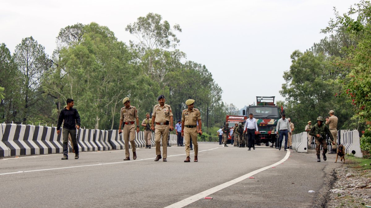 Security personnel with K9 dog squad conduct mock drill for Amarnath Yatra