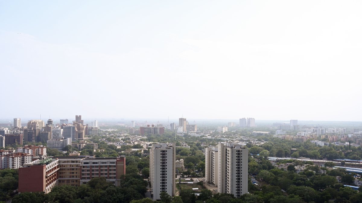 An aerial view of the Connaught place area and surroundings on a hot summer…