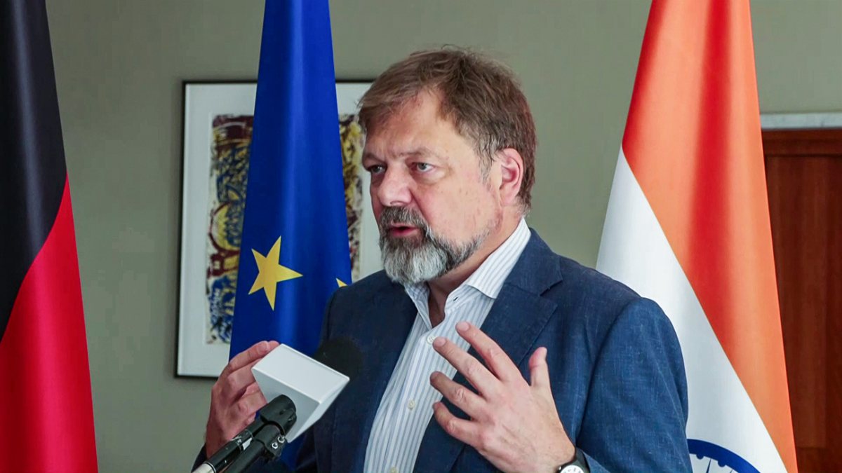 German Ambassador to India Philipp Ackermann speaks to the media, in New Delhi…