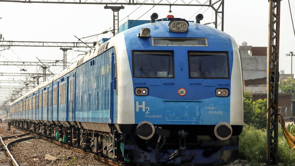 India's first hydrogen-powered train seen on the Delhi railway track during its…