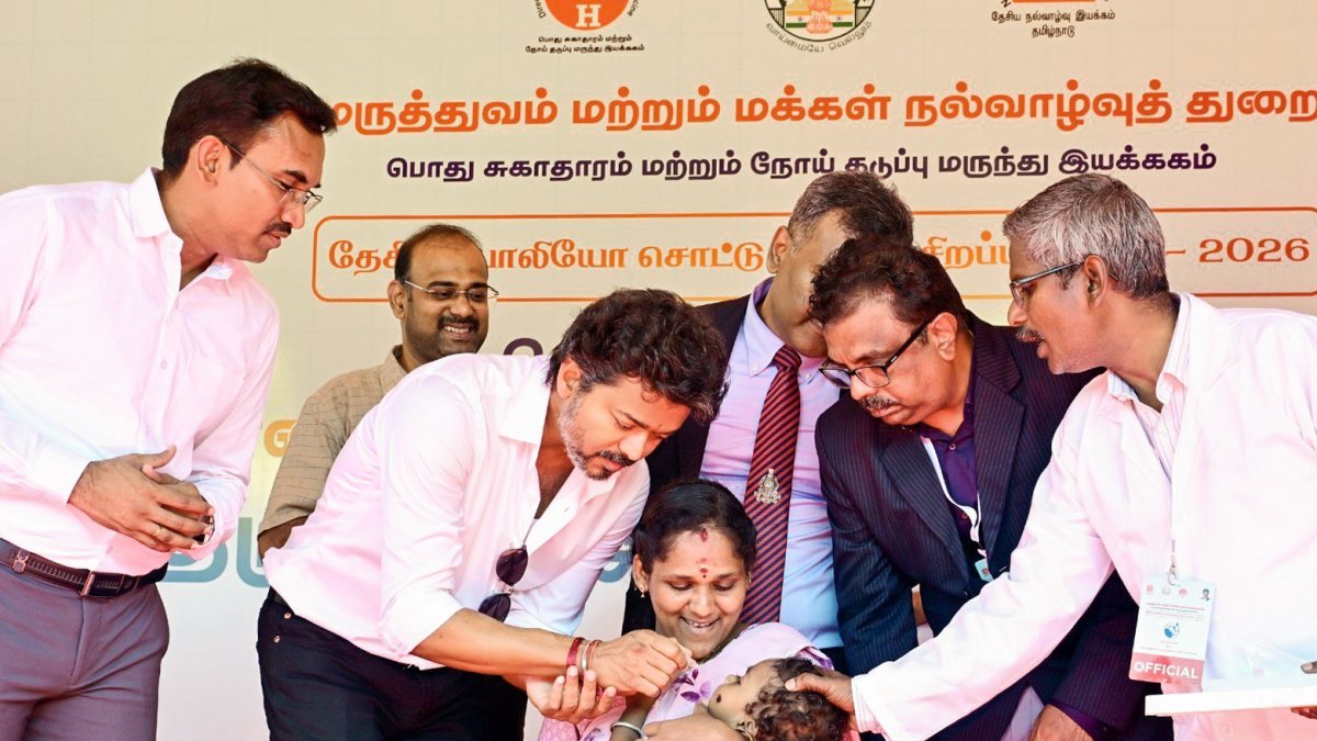 Tamil Nadu Chief Minister C. Joseph Vijay administers oral polio vaccine drops…