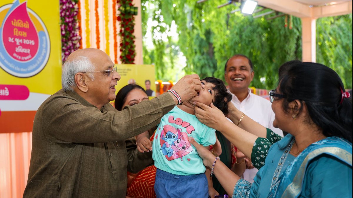 Gujarat Chief Minister Bhupendra Patel administers oral polio vaccine drops to…