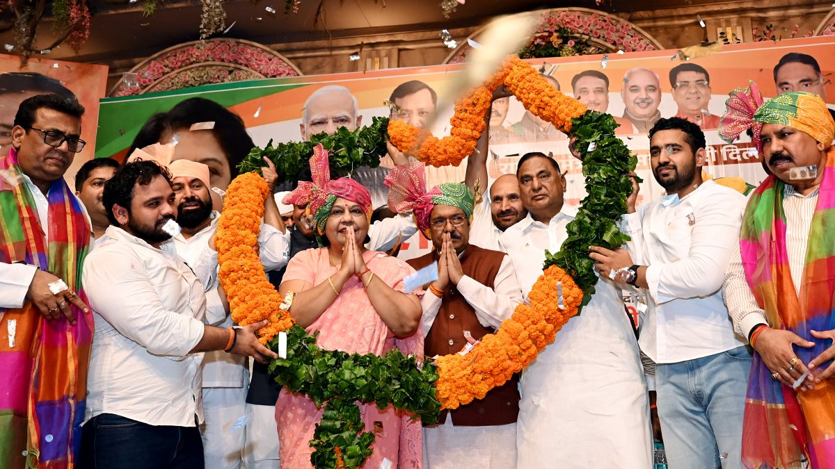 Delhi BJP President Harsh Malhotra and Delhi BJP Co-In-Charge Alka Gurjar being…