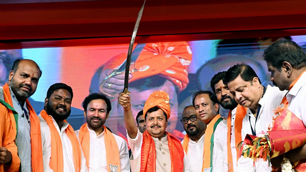 BJP chief Nitin Nabin holds sword at Hyderabad event