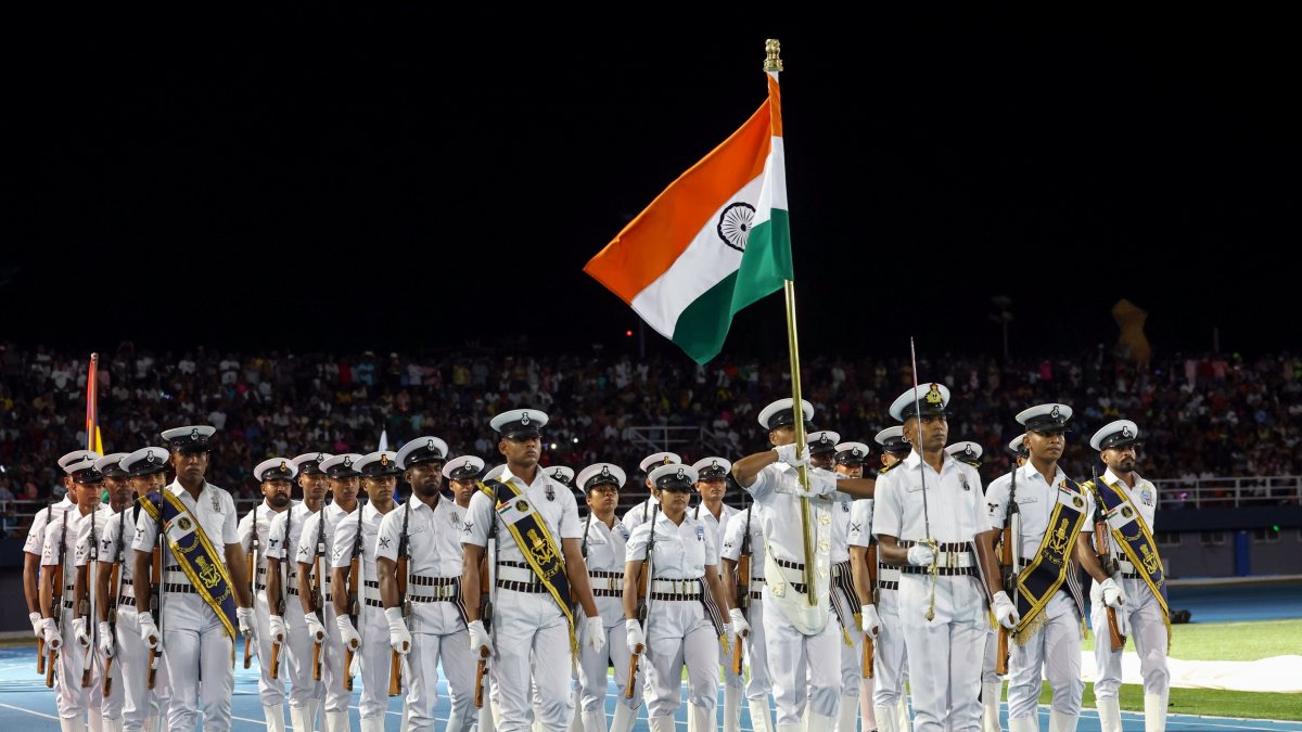 Indian Navy contingent marches with national flag at Seychelles parade