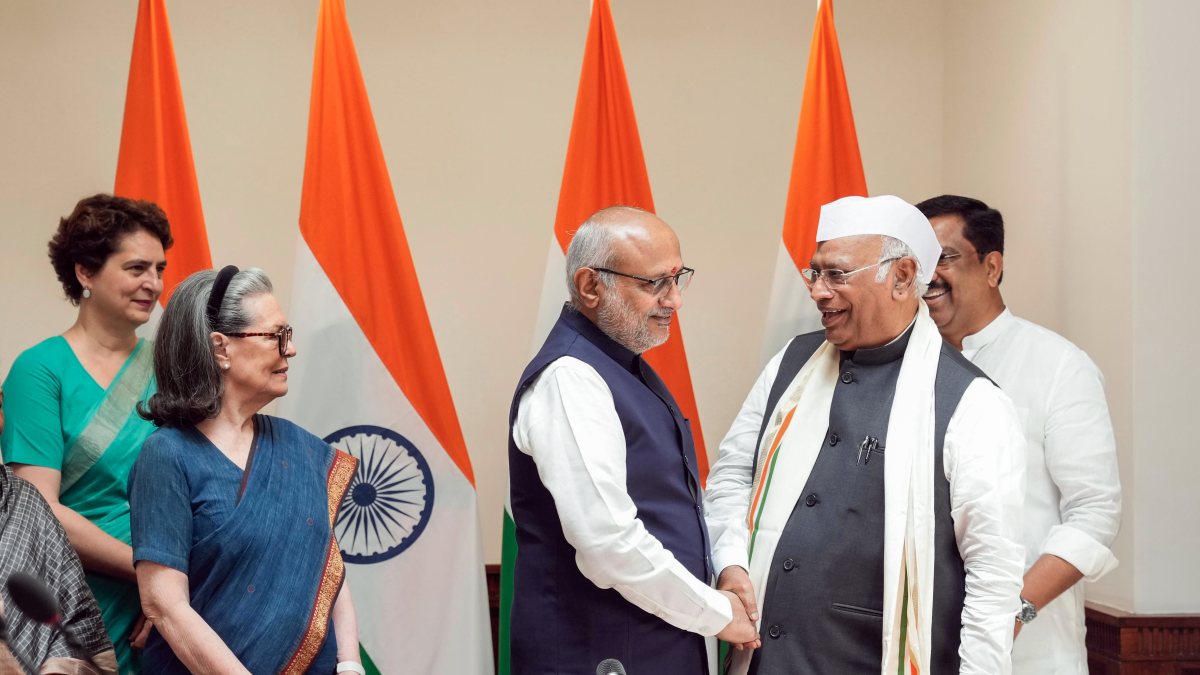 VP Radhakrishnan meets re-elected Rajya Sabha MP Kharge
