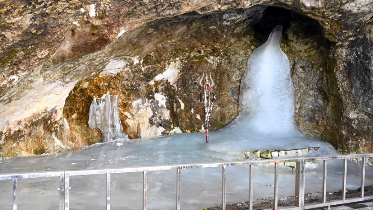A view of the Amarnath Ice Lingam (Baba Barfani) while Jammu and Kashmir…