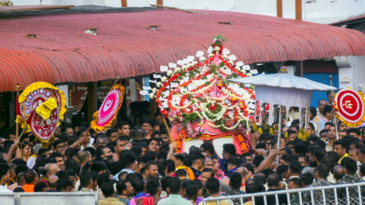 Devotees take part in the Snana Yatra of Lord Jagannath and his siblings Lord…