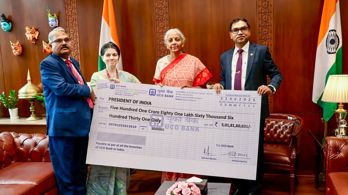 Sitharaman receives Rs 501 crore dividend cheque from UCO Bank