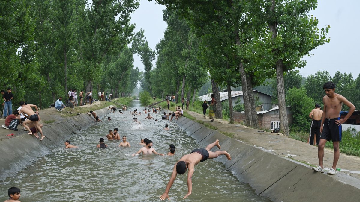 Boys cool off in a canal to beat Srinagar's summer heat