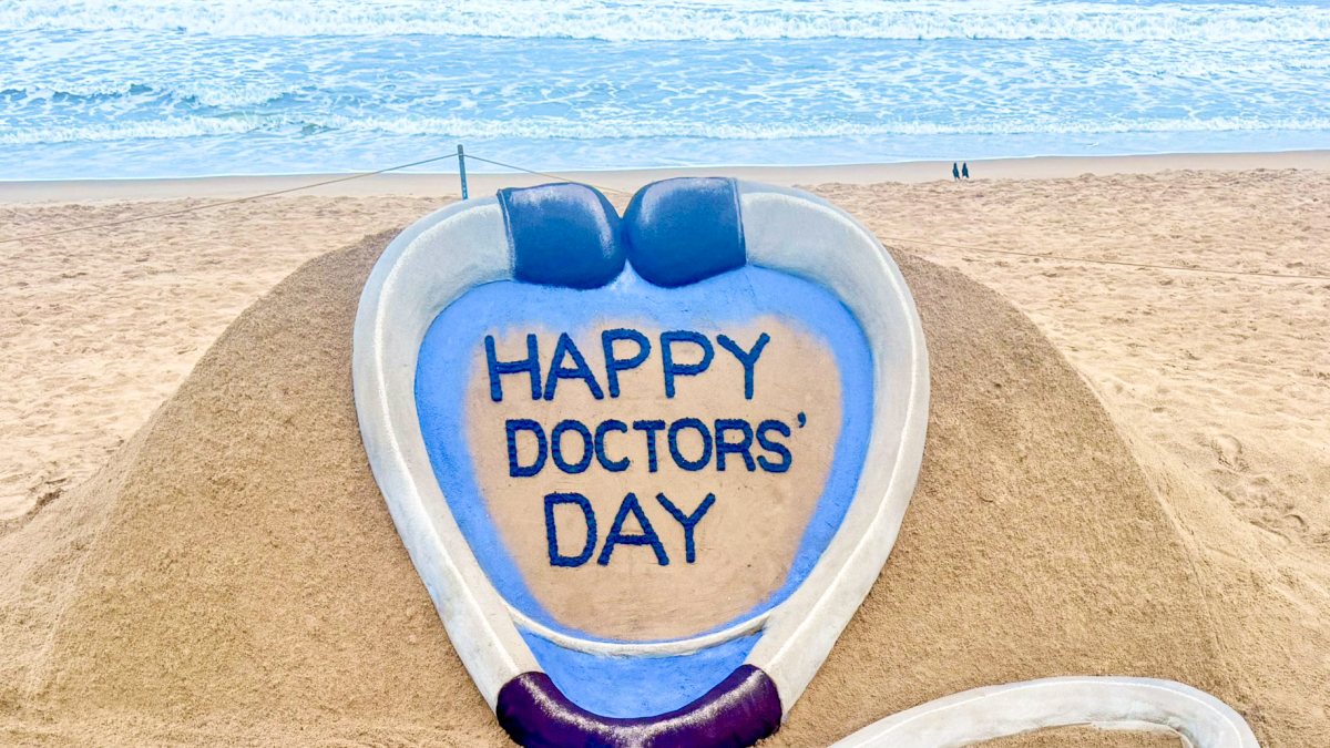 Sand artist Sudarsan Pattnaik creates sand art for National Doctors' Day