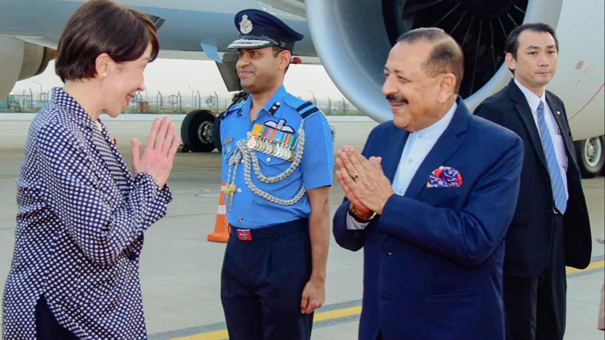 Japan PM Sanae Takaichi welcomed by MoS Jitendra Singh in New Delhi