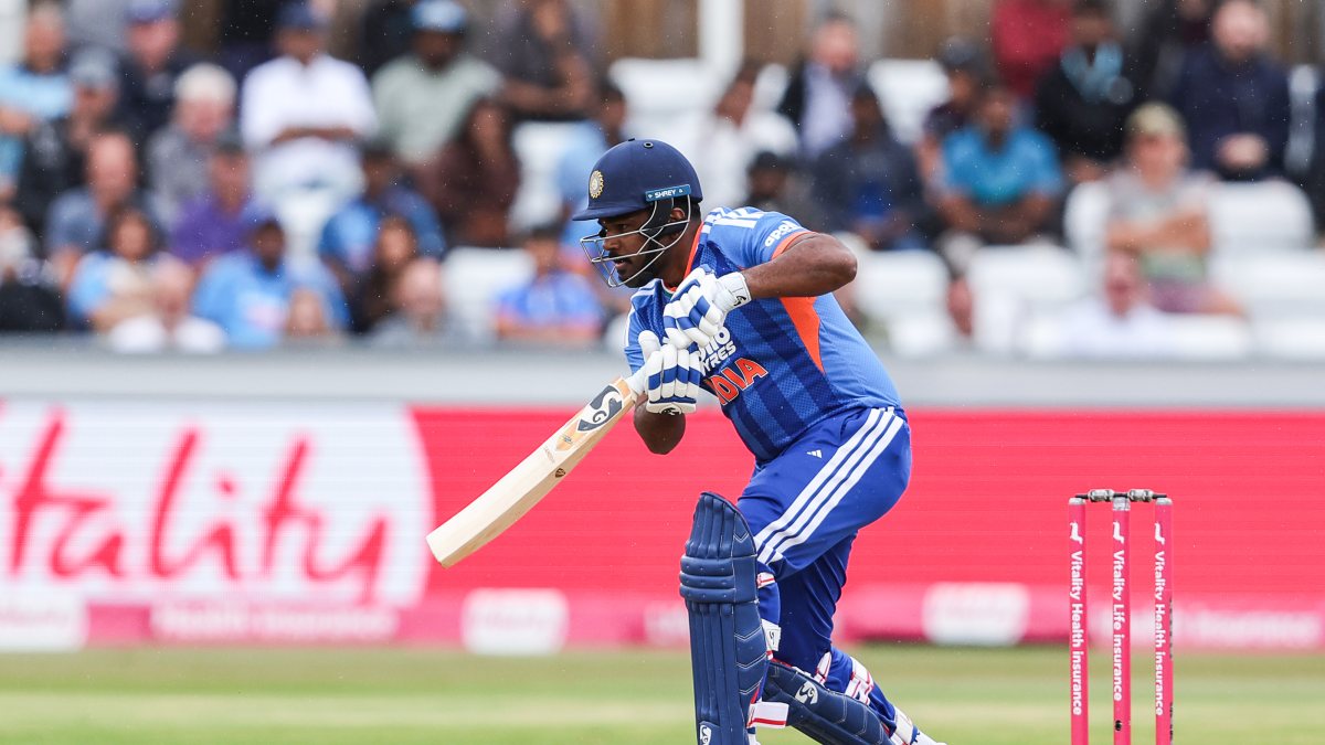 Sanju Samson plays a shot during 1st T20I against England