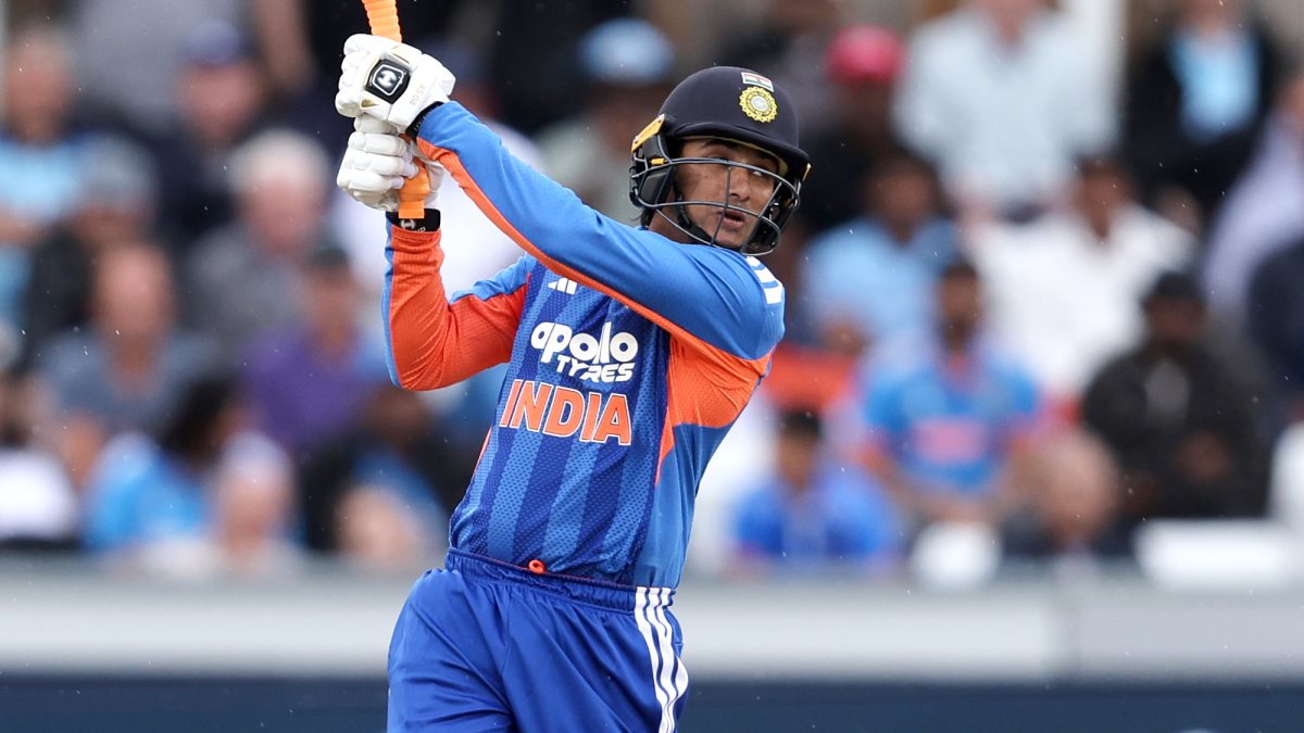 Abhishek Sharma plays a shot in 1st T20I against England