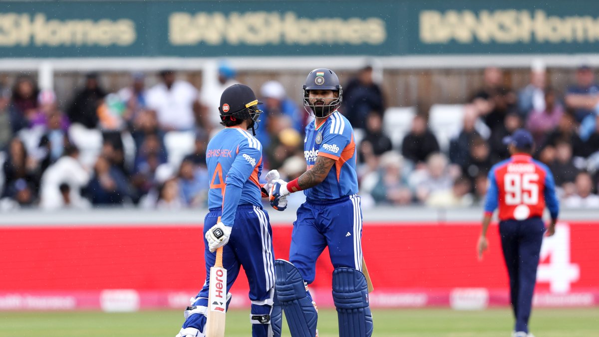 India's Abhishek Sharma and skipper Shreyas Iyer celebrate their partnership…