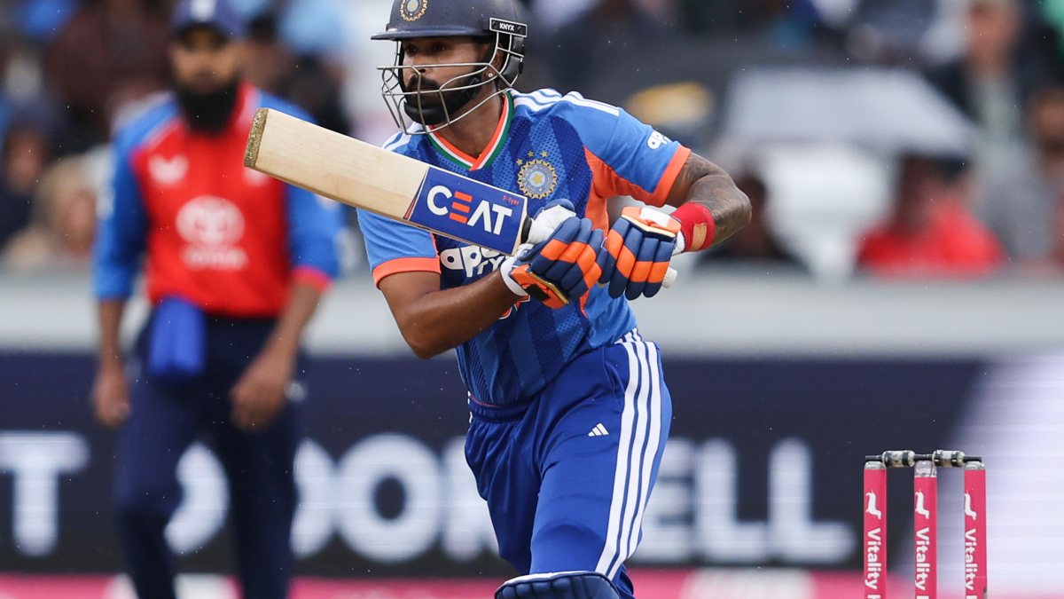 Shreyas Iyer plays a shot during 1st T20I against England