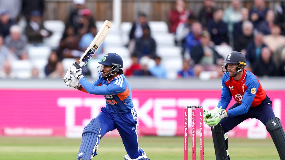 Tilak Varma plays a shot during 1st T20I against England
