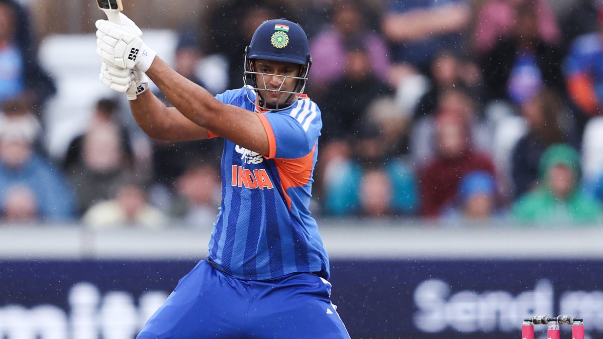 Shivam Dube plays a shot during 1st T20I against England