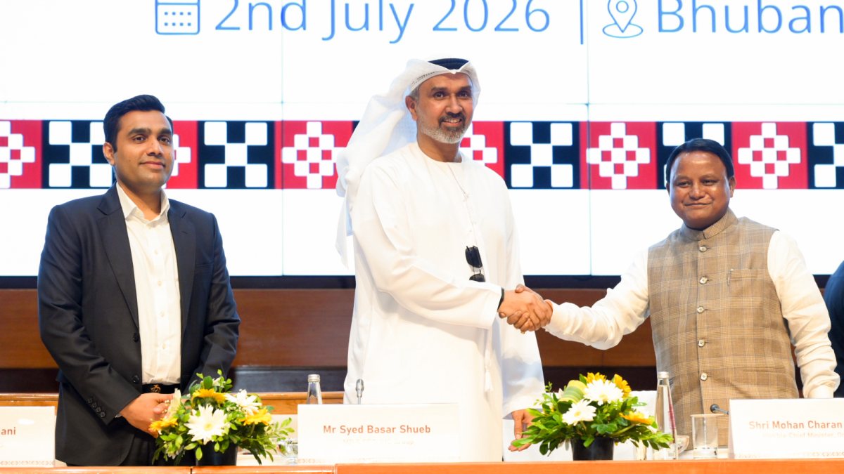 Odisha CM, IHC CEO, and Karan Adani at MoU signing for largest FDI in mining