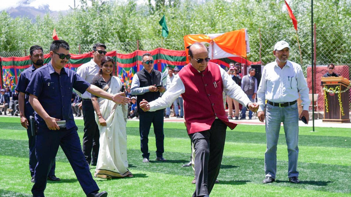 Ladakh Lt Governor Vinai Kumar Saxena plays football during the inauguration…
