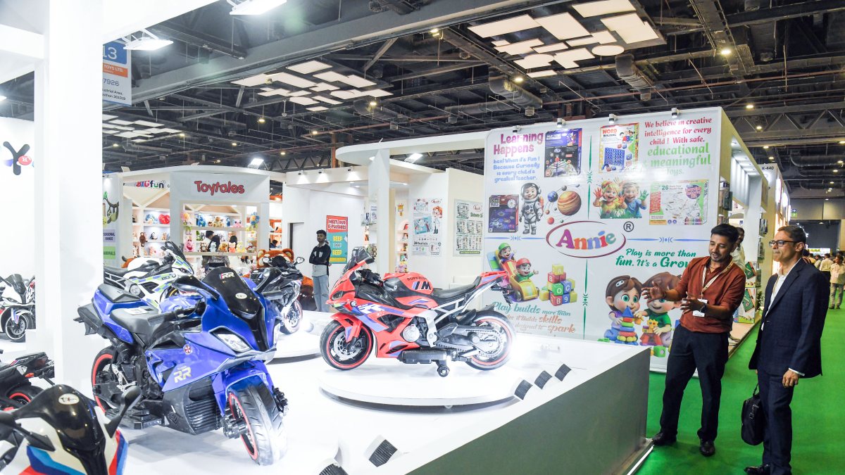 Exhibitor displays toy at Toy Biz International B2B Expo 2026 in Delhi