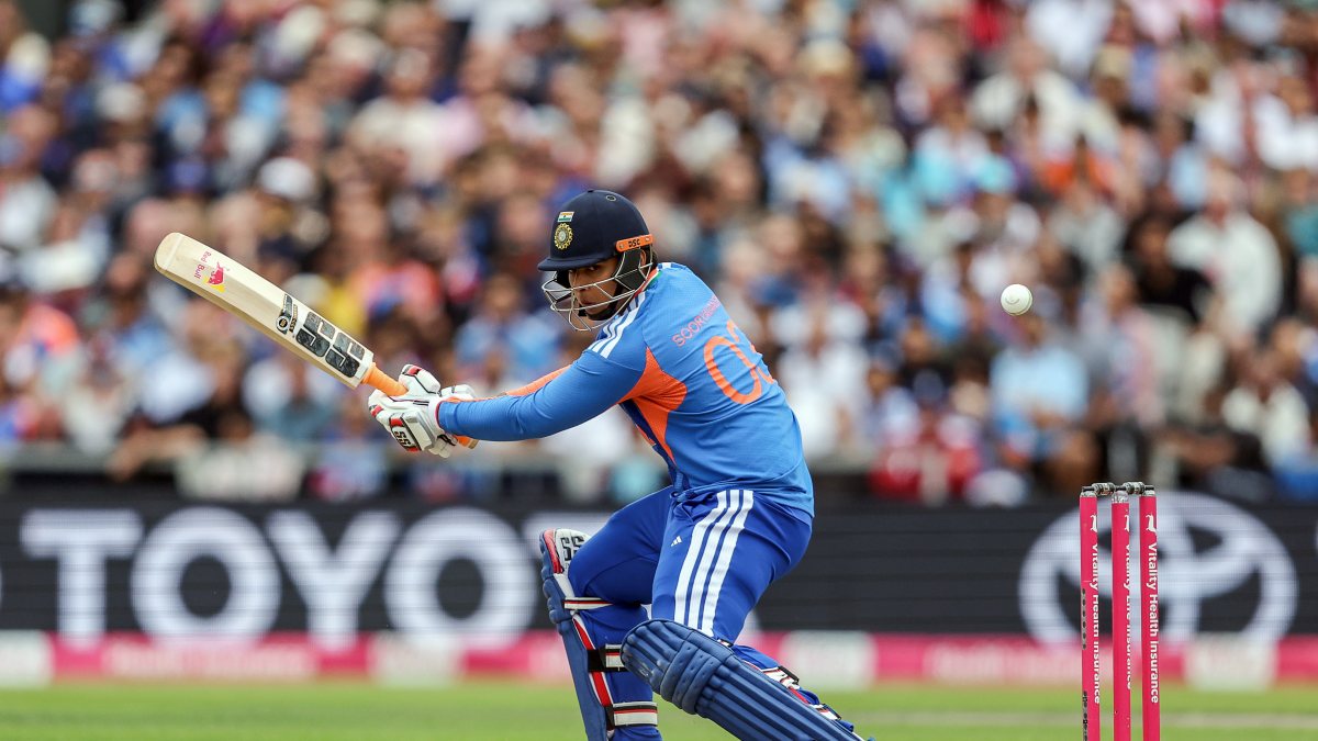 India's Vaibhav Sooryavanshi plays a shot during the 2nd T20I against England…