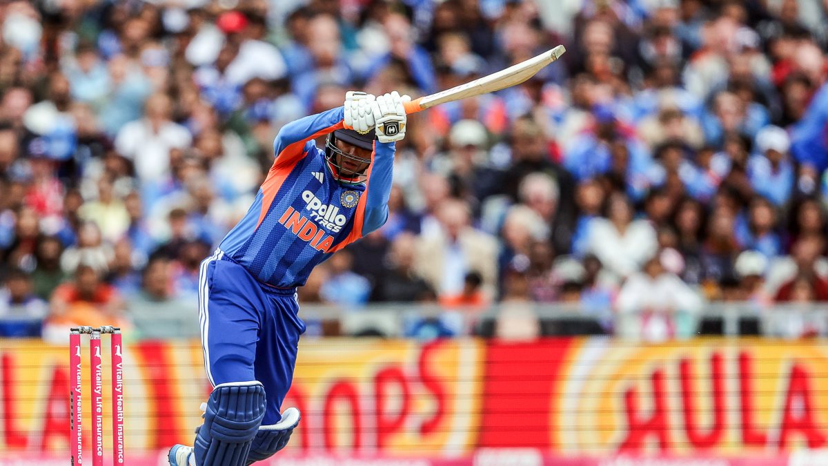 India's Abhishek Sharma plays a shot during the 2nd T20I against England, at…