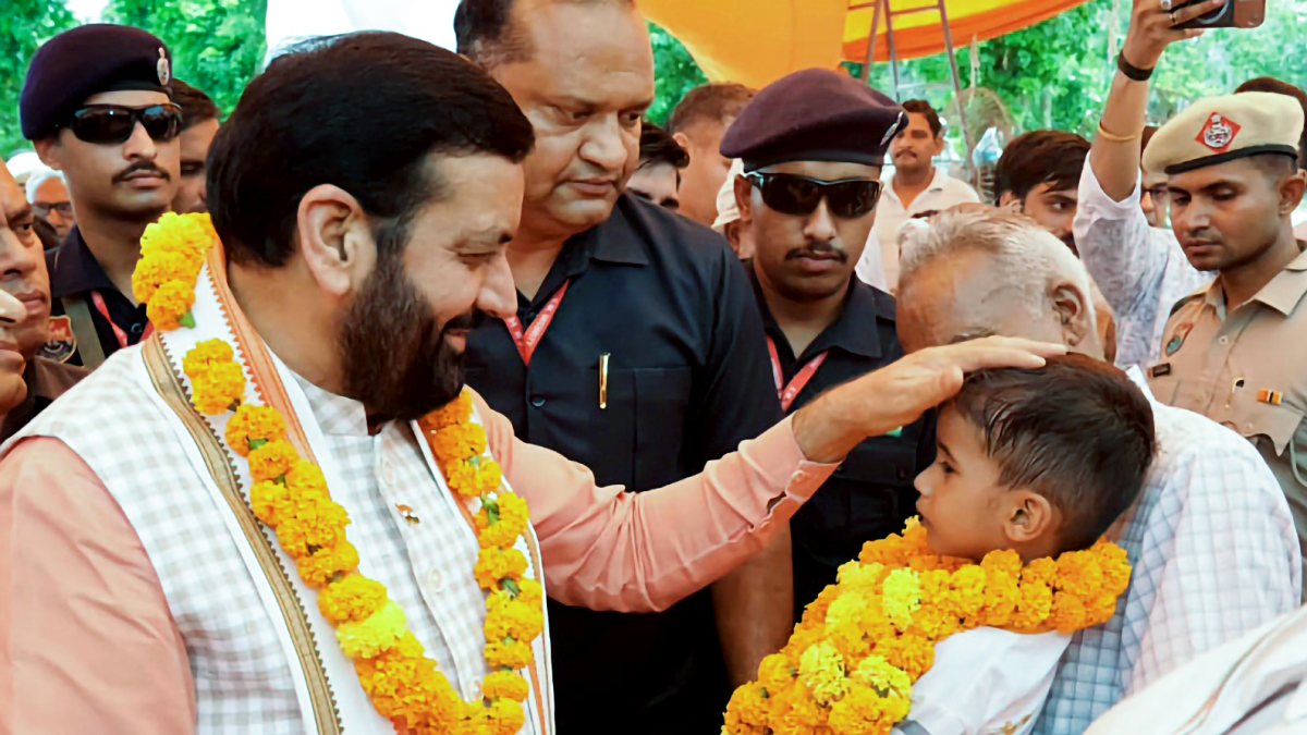 Haryana CM Nayab Singh Saini blesses child during Ladwa visit