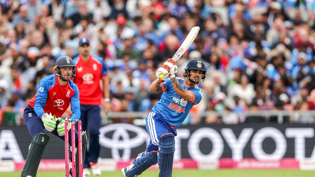 Ishan Kishan plays a shot during 2nd T20I against England in Manchester