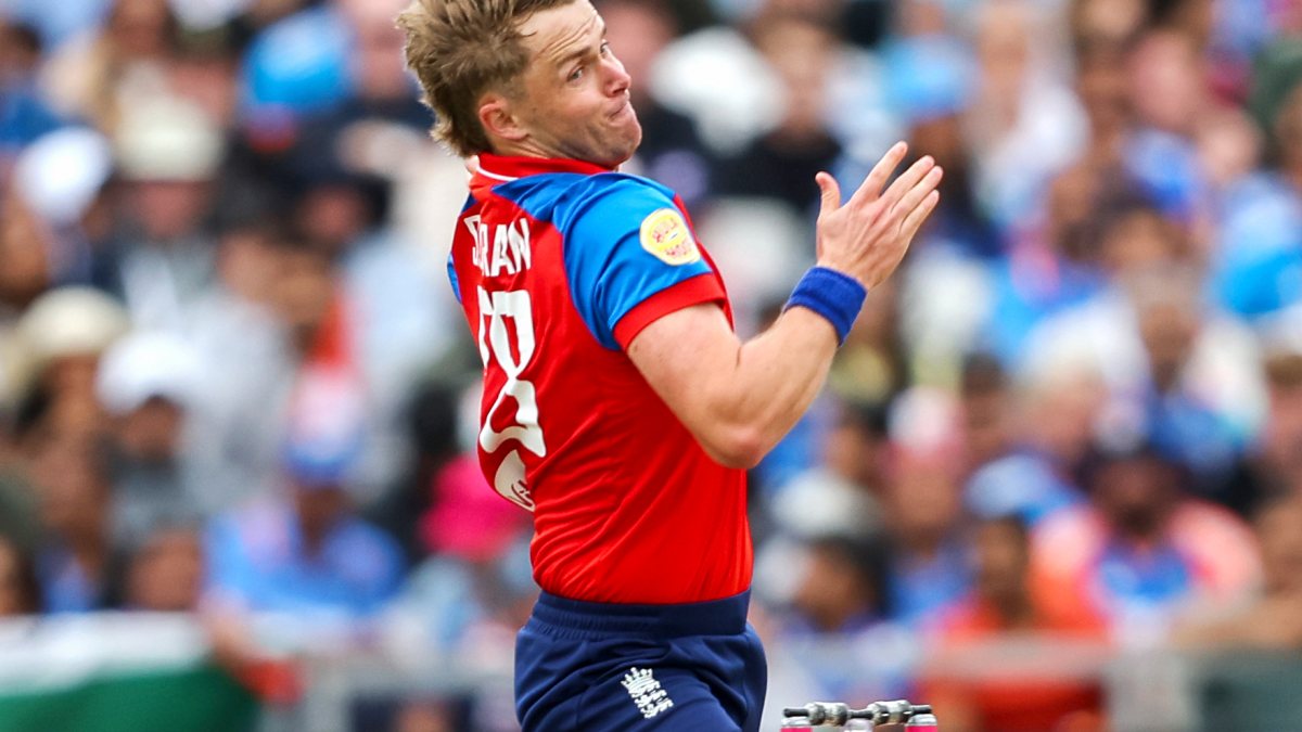 England's Sam Curran bowls during the 2nd T20I against India, at Emirates Old…
