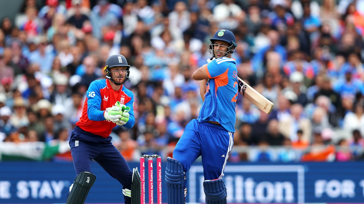 Shivam Dube plays a shot during 2nd T20I against England