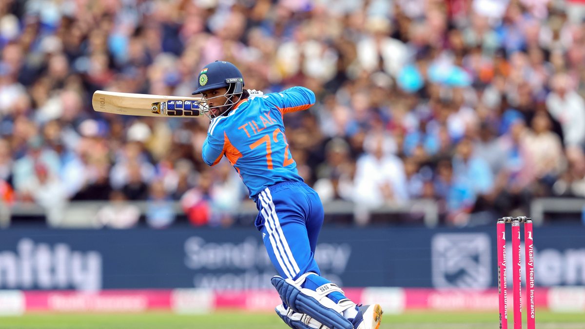 Tilak Varma plays a shot during 2nd T20I against England