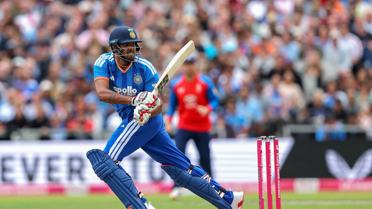 Harshit Rana plays a shot during 2nd T20I against England