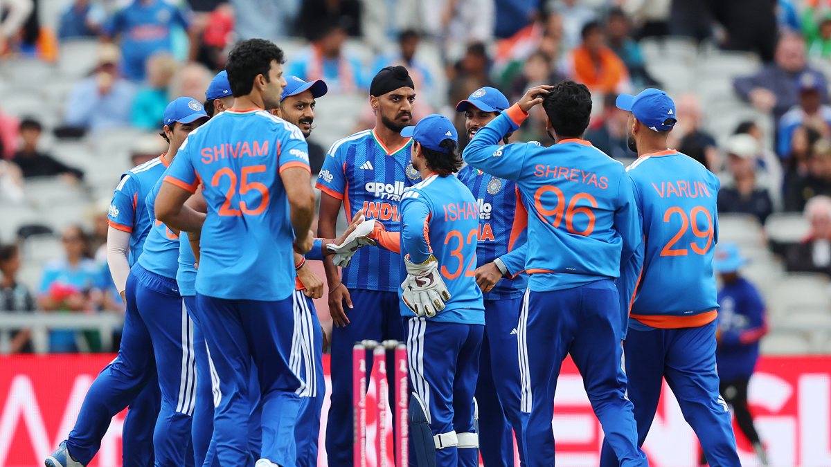 Arshdeep Singh celebrates after dismissing England's Philip Salt