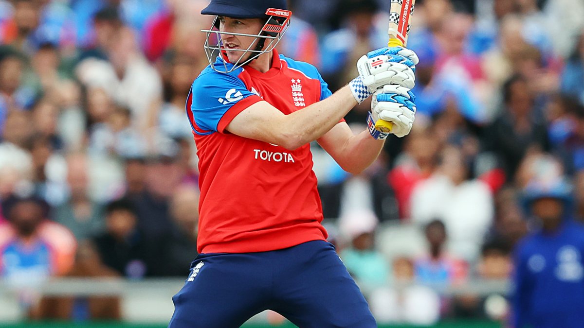 Harry Brook plays a shot during 2nd T20I against India