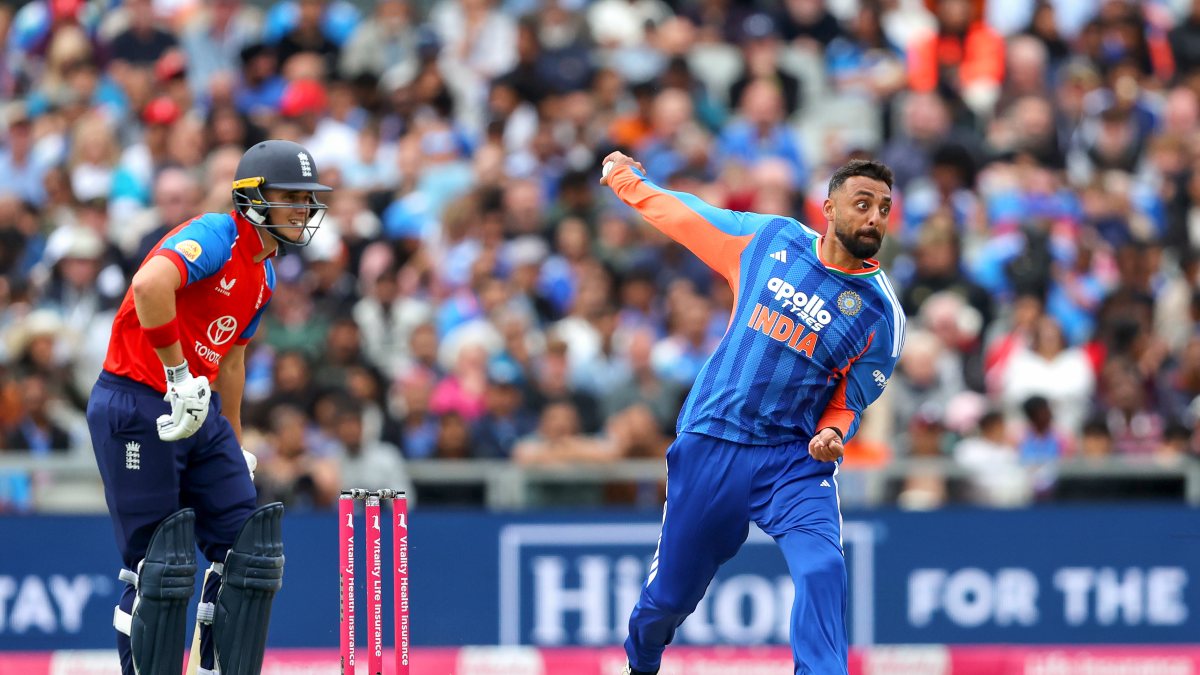 Varun Chakaravarthy bowls during 2nd T20I against England