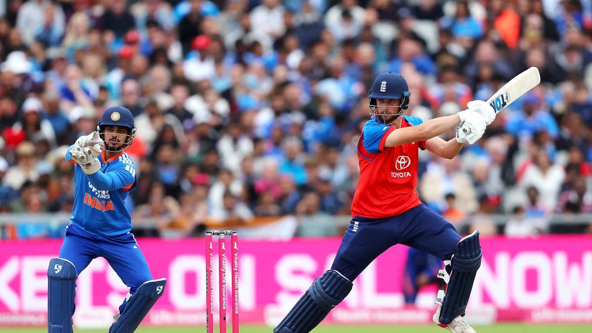 England's Will Jacks plays a shot during the 2nd T20I against India, at…
