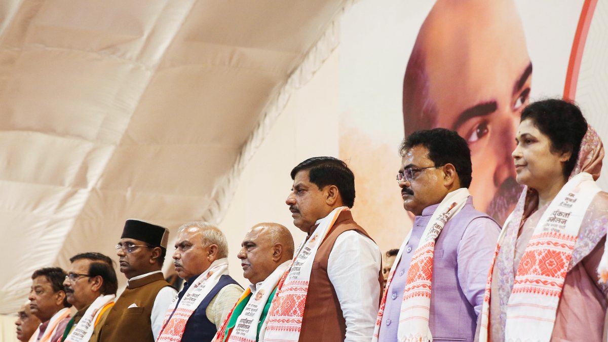 Madhya Pradesh Chief Minister Mohan Yadav, with BJP state President Hemant…