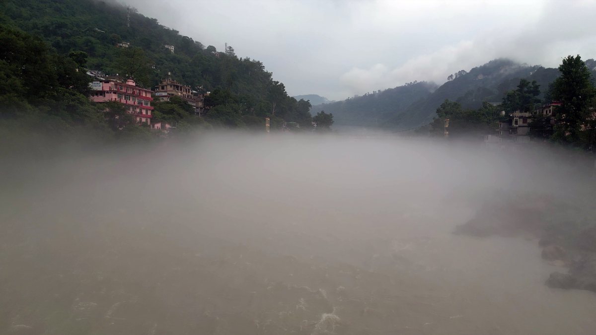 Drone view captures monsoon mist over Beas River in Mandi