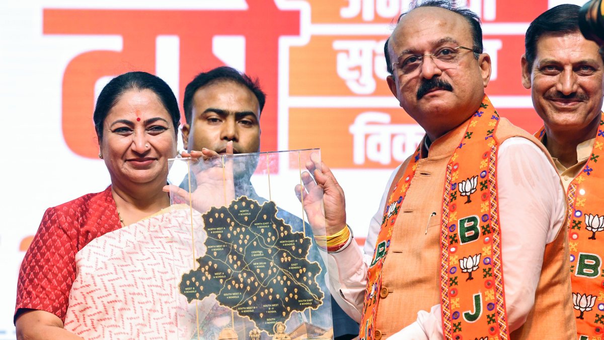 Delhi Chief Minister Rekha Gupta being felicitated by state Education Minister…