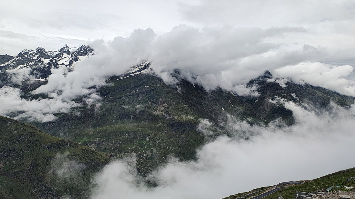 Clouds engulf the hills of Rohtang Pass near Manali