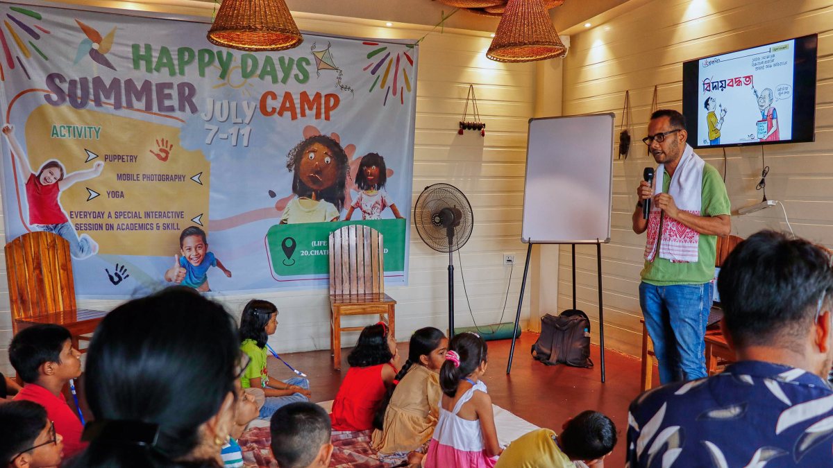Cartoonist Nituparna Rajbongshi teaches children at Guwahati summer camp