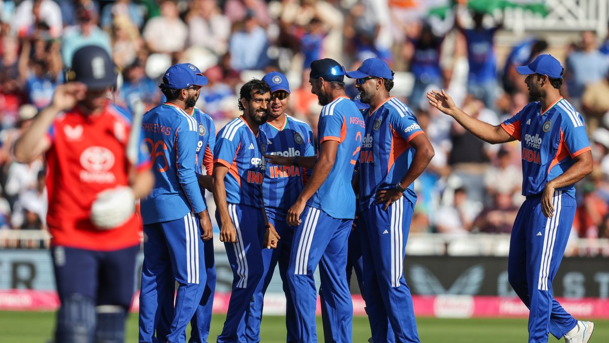 India's Prince Yadav celebrates Jos Buttler's wicket in 3rd T20I