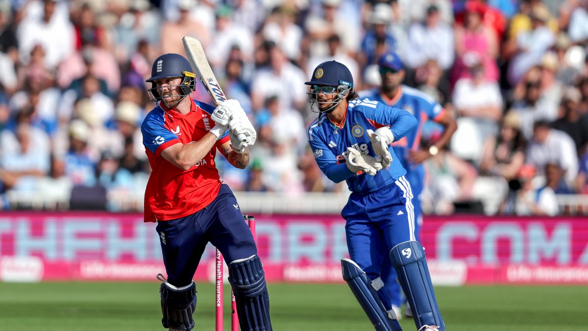 Philip Salt plays a shot during 3rd T20I against India