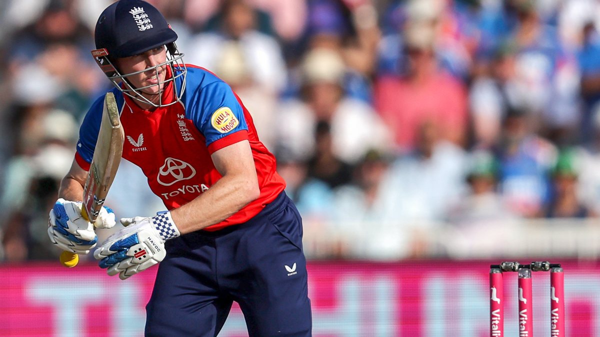 England’s Harry Brook plays a shot in 3rd T20I against India