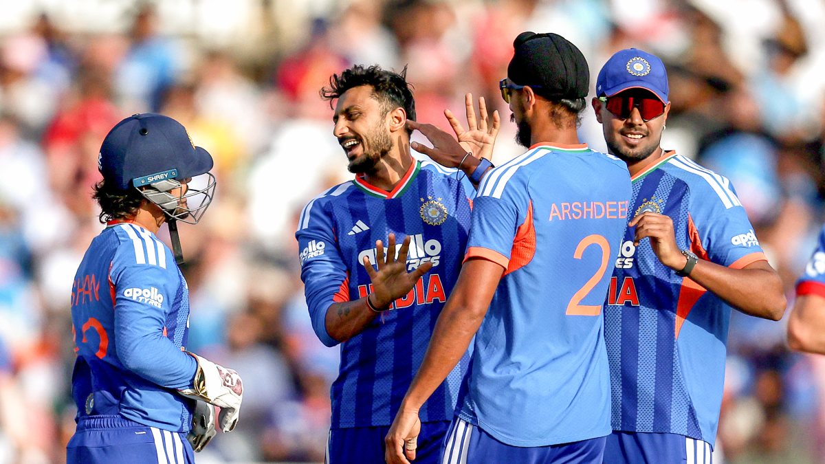 India's Axar Patel and teammates celebrate the wicket of England's Philip Salt…