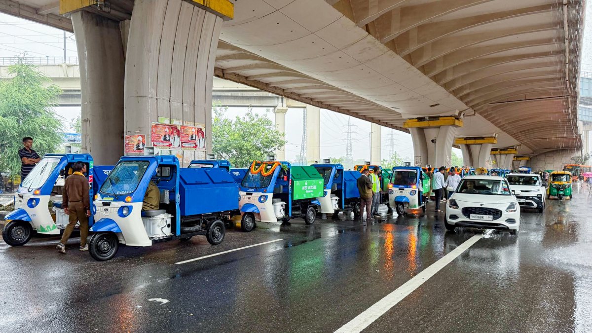 A fleet of newly launched electric primary waste collection vehicles lined up…