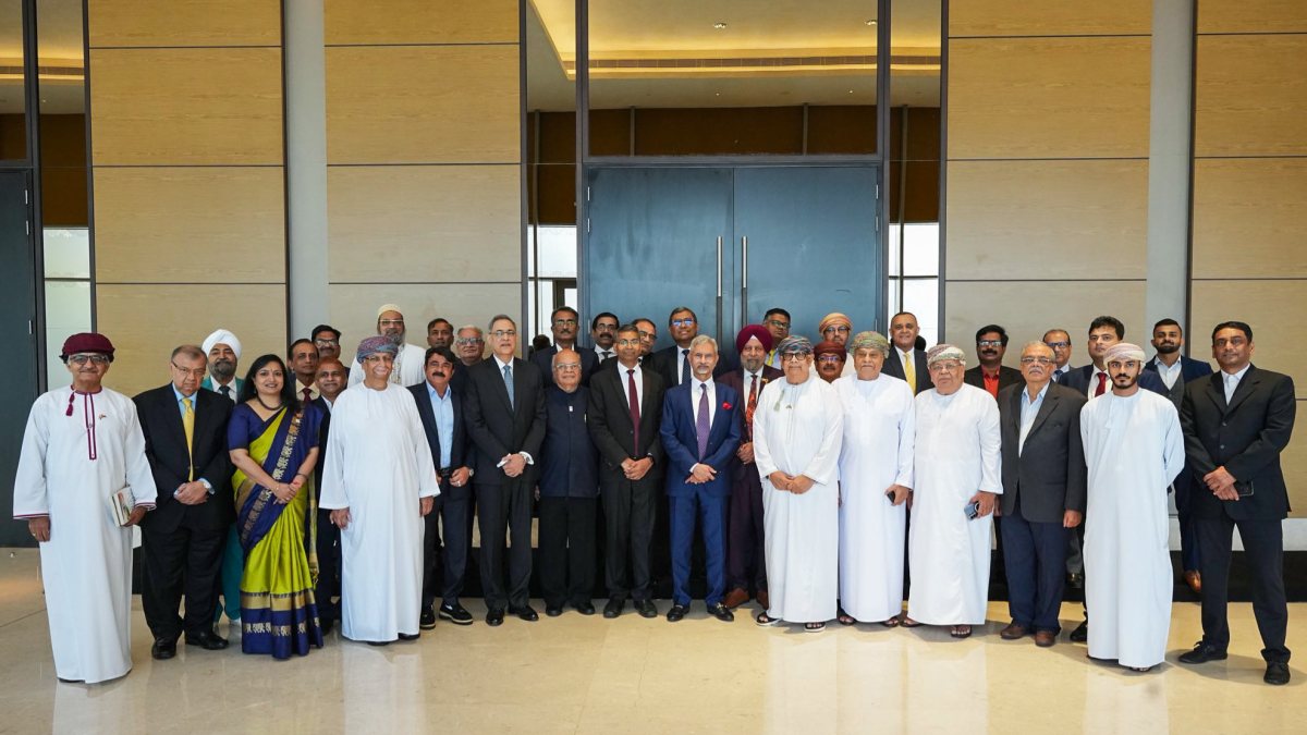 External Affairs Minister S Jaishankar poses for a group photo with members of…