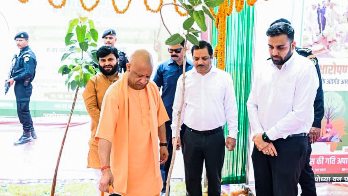 Uttar Pradesh CM Yogi Adityanath plants saplings in Ayodhya